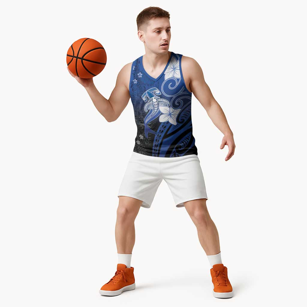 Polynesia Hammerhead Shark Basketball Jersey Blue Tribal Pattern With Plumeria - Polynesian Pride