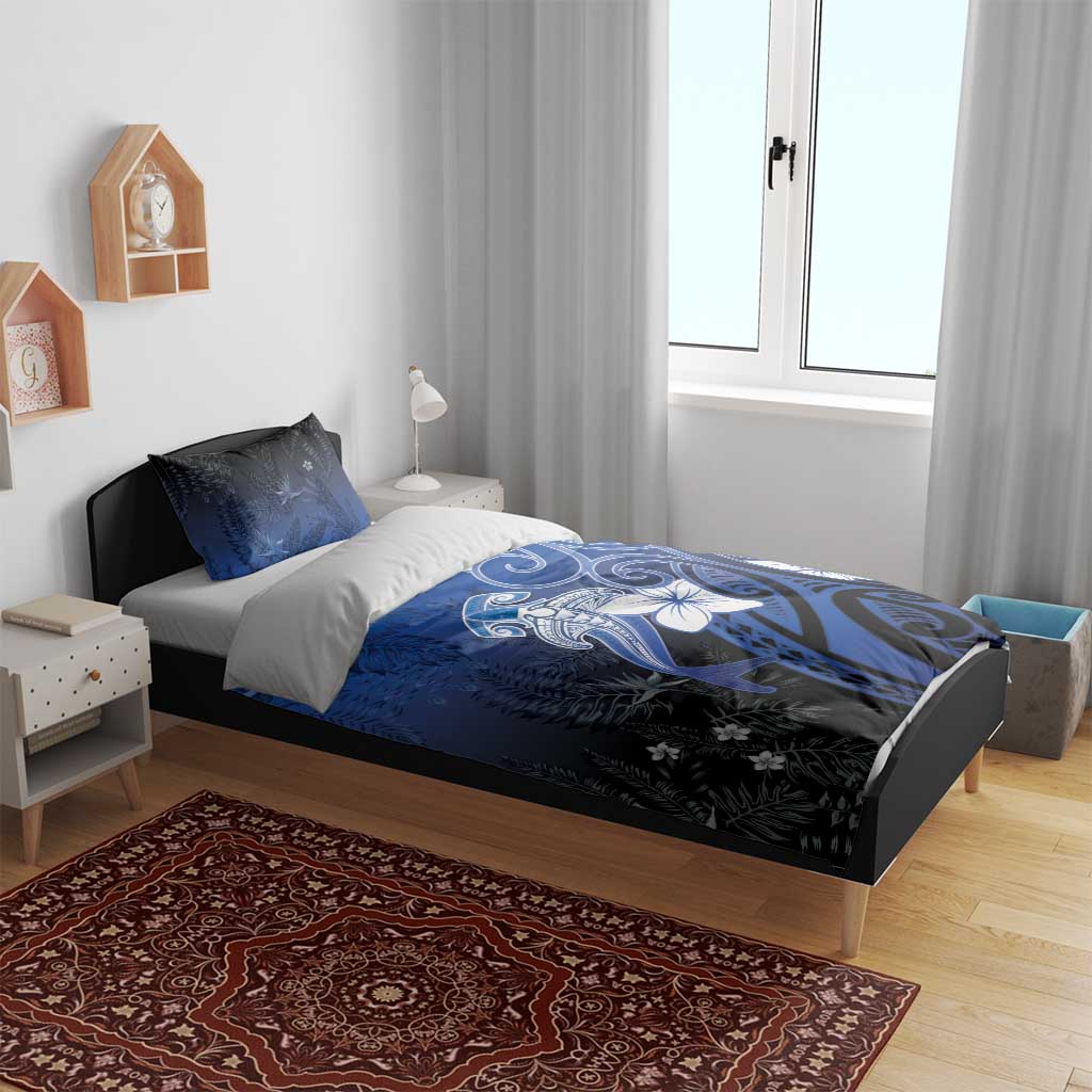 Polynesia Hammerhead Shark Bedding Set Blue Tribal Pattern With Plumeria - Polynesian Pride