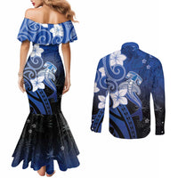 Polynesia Hammerhead Shark Couples Matching Mermaid Dress and Long Sleeve Button Shirt Blue Tribal Pattern With Plumeria - Polynesian Pride
