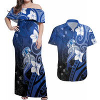 Polynesia Hammerhead Shark Couples Matching Off Shoulder Maxi Dress and Hawaiian Shirt Blue Tribal Pattern With Plumeria - Polynesian Pride