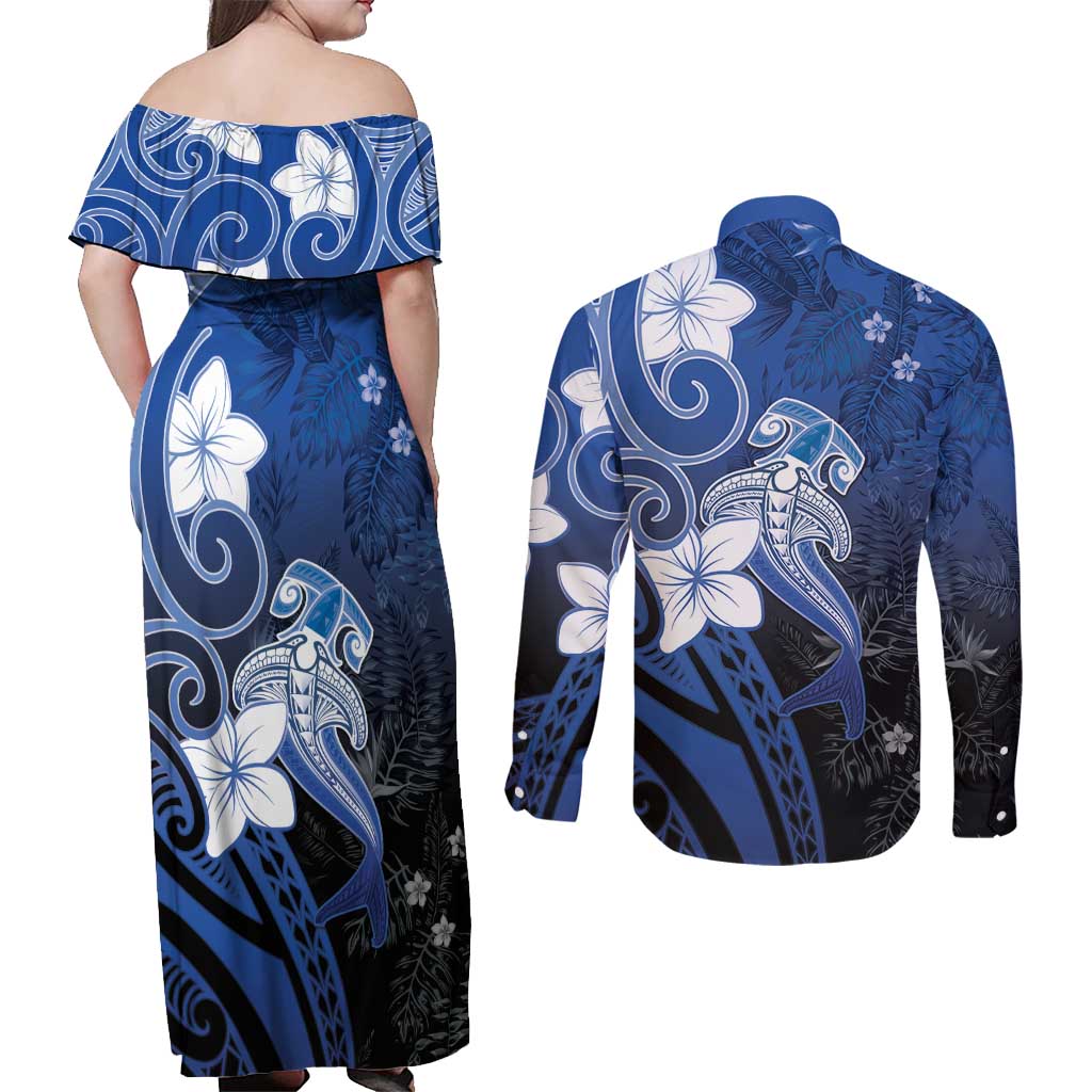 Polynesia Hammerhead Shark Couples Matching Off Shoulder Maxi Dress and Long Sleeve Button Shirt Blue Tribal Pattern With Plumeria - Polynesian Pride
