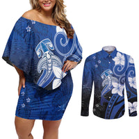 Polynesia Hammerhead Shark Couples Matching Off Shoulder Short Dress and Long Sleeve Button Shirt Blue Tribal Pattern With Plumeria - Polynesian Pride