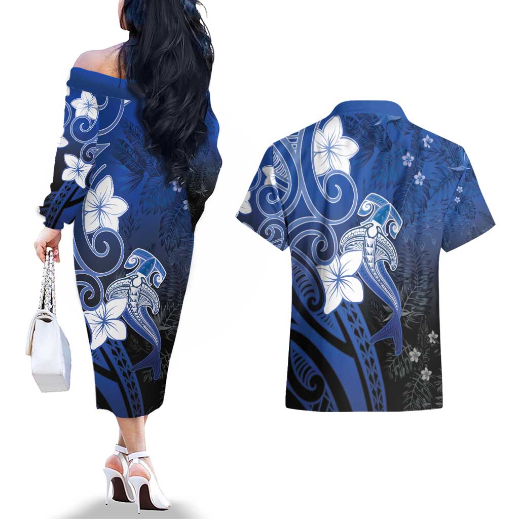 Polynesia Hammerhead Shark Couples Matching Off The Shoulder Long Sleeve Dress and Hawaiian Shirt Blue Tribal Pattern With Plumeria - Polynesian Pride