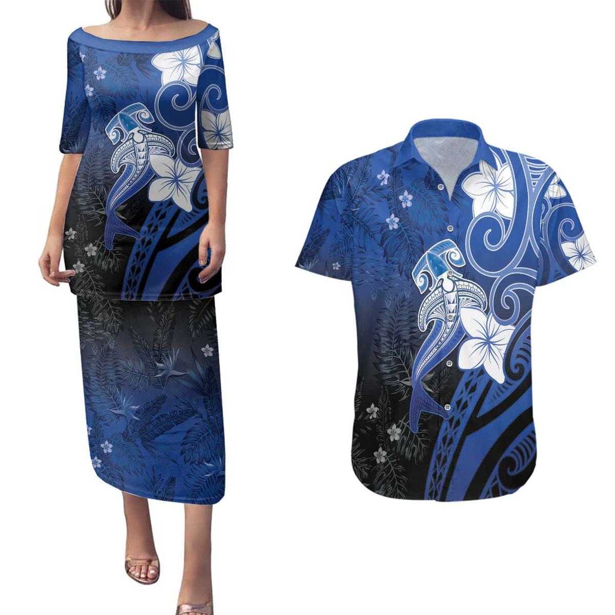 Polynesia Hammerhead Shark Couples Matching Puletasi and Hawaiian Shirt Blue Tribal Pattern With Plumeria - Polynesian Pride