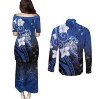 Polynesia Hammerhead Shark Couples Matching Puletasi and Long Sleeve Button Shirt Blue Tribal Pattern With Plumeria - Polynesian Pride