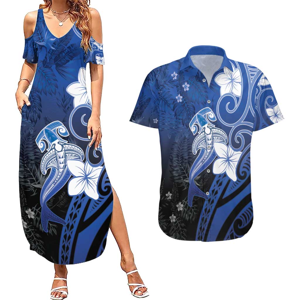 Polynesia Hammerhead Shark Couples Matching Summer Maxi Dress and Hawaiian Shirt Blue Tribal Pattern With Plumeria - Polynesian Pride