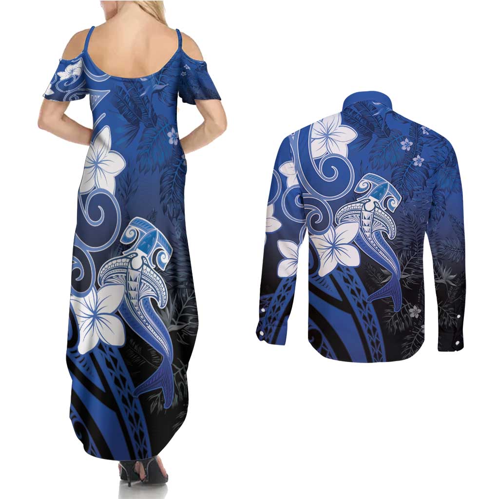 Polynesia Hammerhead Shark Couples Matching Summer Maxi Dress and Long Sleeve Button Shirt Blue Tribal Pattern With Plumeria - Polynesian Pride
