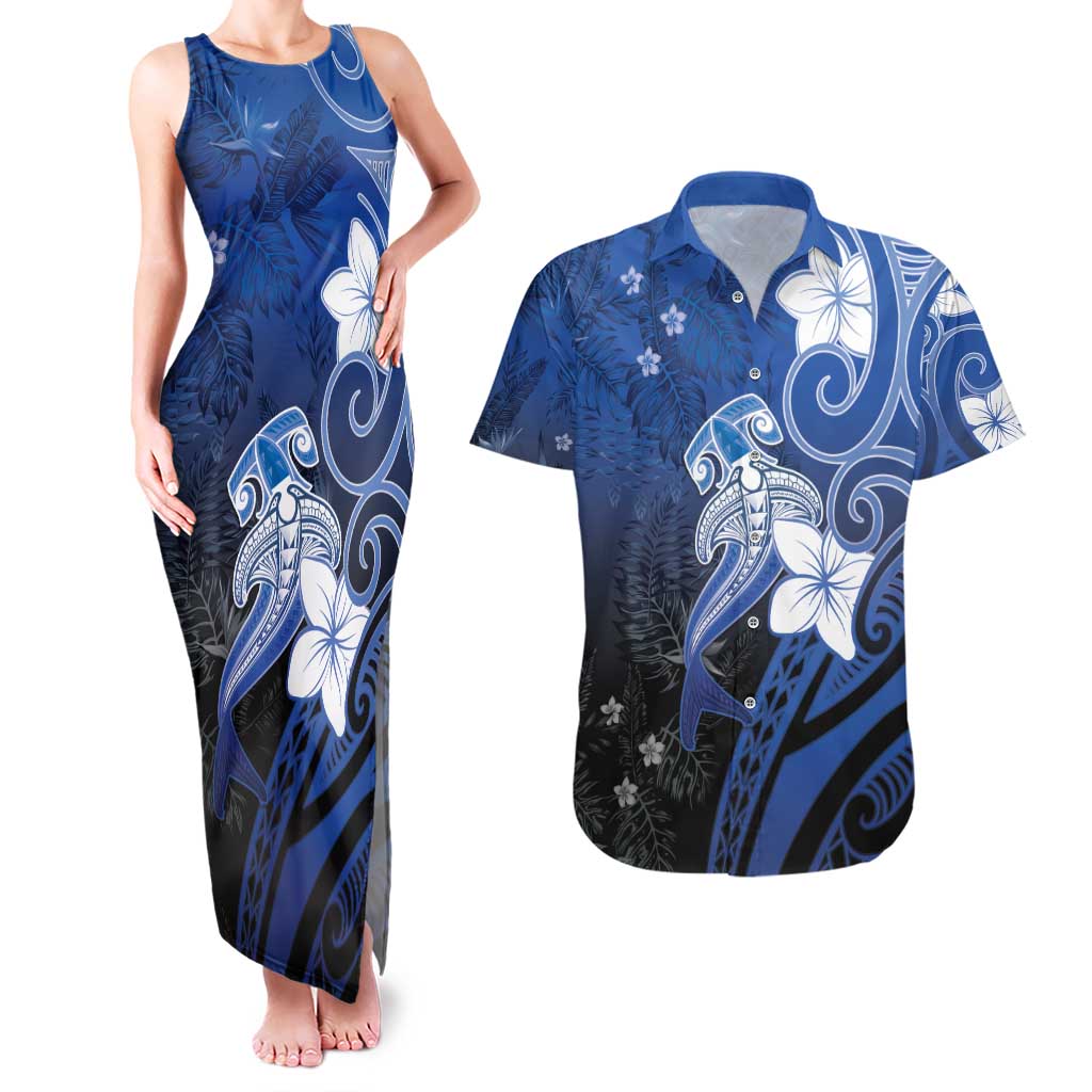 Polynesia Hammerhead Shark Couples Matching Tank Maxi Dress and Hawaiian Shirt Blue Tribal Pattern With Plumeria - Polynesian Pride