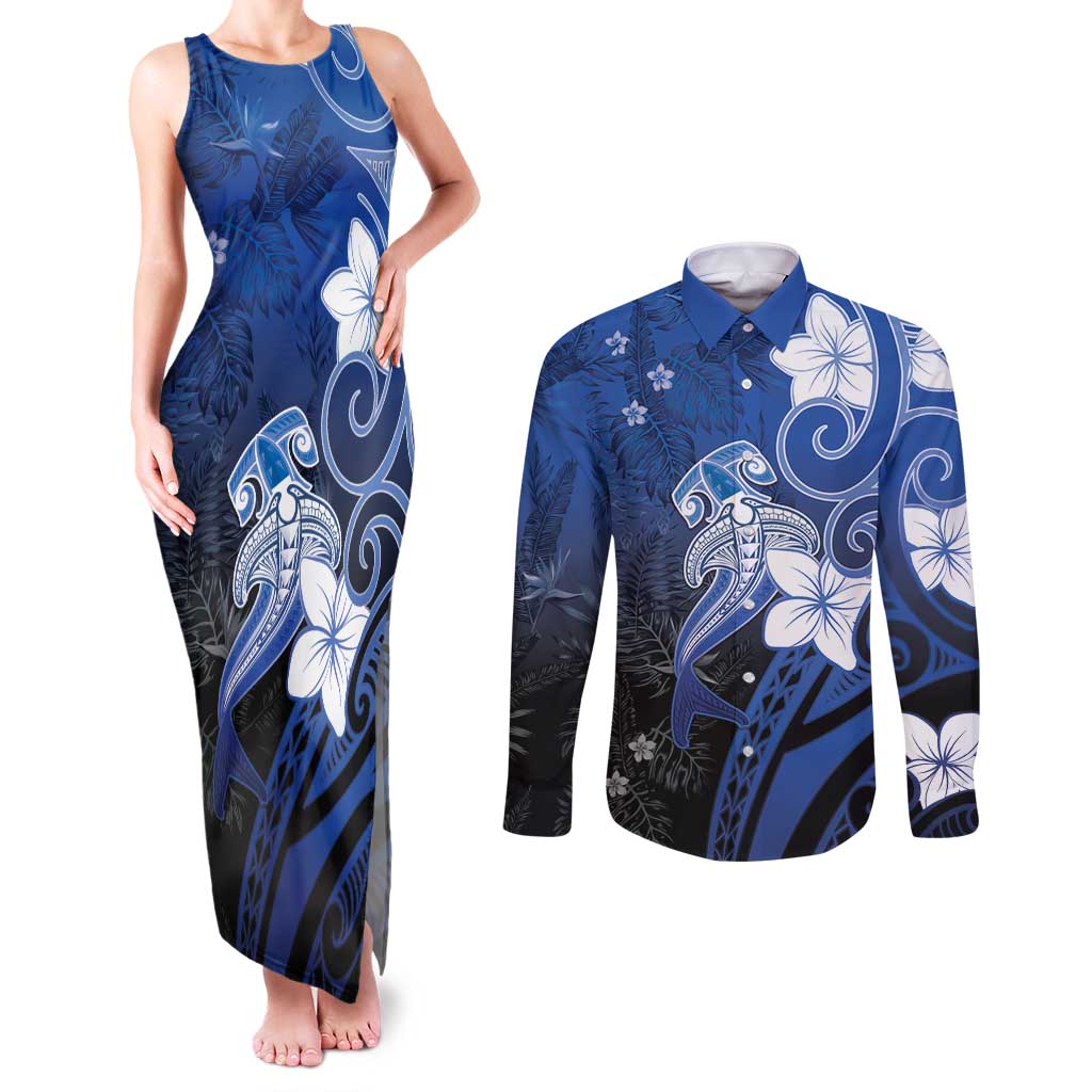 Polynesia Hammerhead Shark Couples Matching Tank Maxi Dress and Long Sleeve Button Shirt Blue Tribal Pattern With Plumeria - Polynesian Pride
