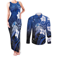 Polynesia Hammerhead Shark Couples Matching Tank Maxi Dress and Long Sleeve Button Shirt Blue Tribal Pattern With Plumeria - Polynesian Pride