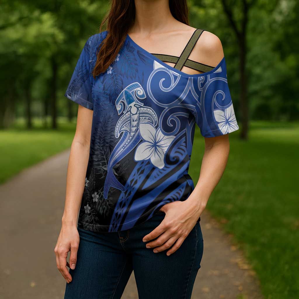 Polynesia Hammerhead Shark Cross Shoulder Shirt Blue Tribal Pattern With Plumeria - Polynesian Pride