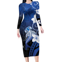 Polynesia Hammerhead Shark Family Matching Long Sleeve Bodycon Dress and Hawaiian Shirt Blue Tribal Pattern With Plumeria LT05 Mom's Dress Blue - Polynesian Pride