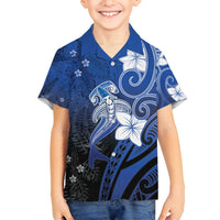 Polynesia Hammerhead Shark Family Matching Long Sleeve Bodycon Dress and Hawaiian Shirt Blue Tribal Pattern With Plumeria LT05 Son's Shirt Blue - Polynesian Pride