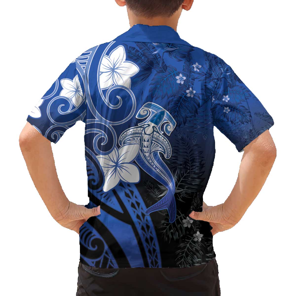 Polynesia Hammerhead Shark Family Matching Off The Shoulder Long Sleeve Dress and Hawaiian Shirt Blue Tribal Pattern With Plumeria LT05 - Polynesian Pride