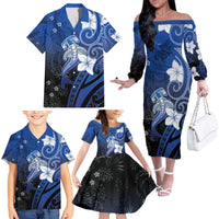 Polynesia Hammerhead Shark Family Matching Off The Shoulder Long Sleeve Dress and Hawaiian Shirt Blue Tribal Pattern With Plumeria LT05 - Polynesian Pride