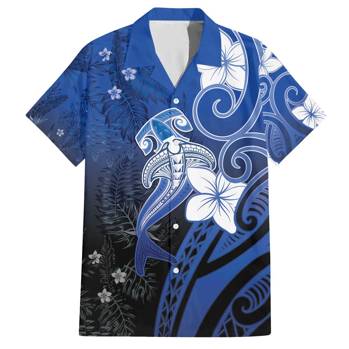 Polynesia Hammerhead Shark Family Matching Off The Shoulder Long Sleeve Dress and Hawaiian Shirt Blue Tribal Pattern With Plumeria LT05 Dad's Shirt - Short Sleeve Blue - Polynesian Pride