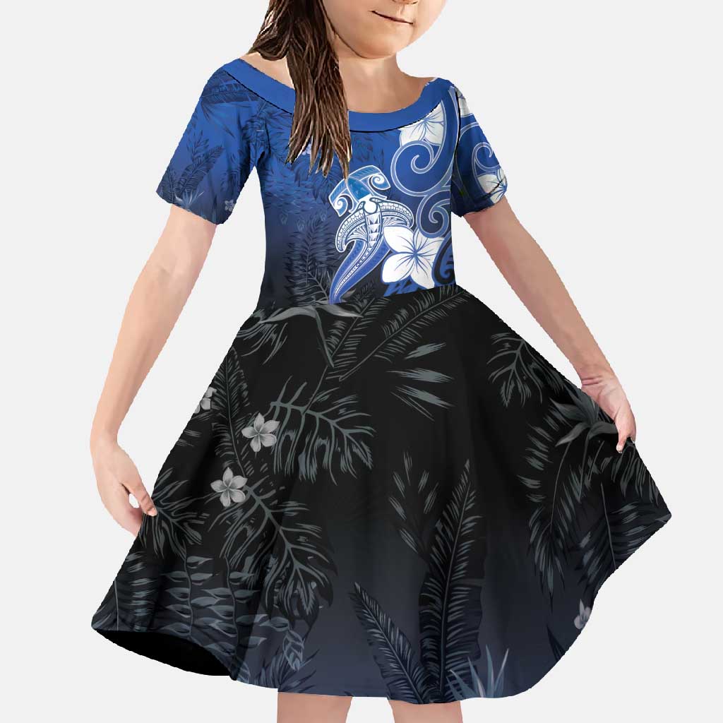 Polynesia Hammerhead Shark Family Matching Off Shoulder Maxi Dress and Hawaiian Shirt Blue Tribal Pattern With Plumeria - Polynesian Pride