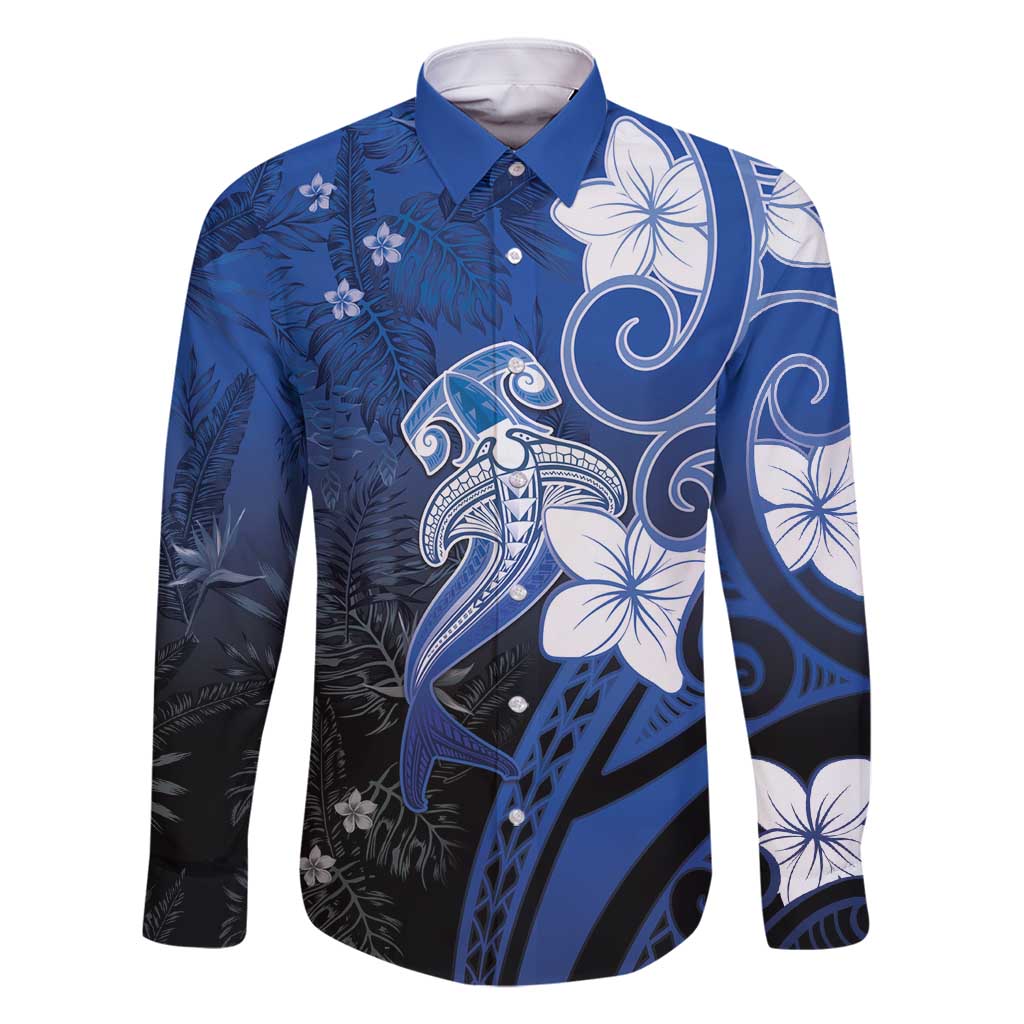 Polynesia Hammerhead Shark Family Matching Off Shoulder Maxi Dress and Hawaiian Shirt Blue Tribal Pattern With Plumeria - Polynesian Pride
