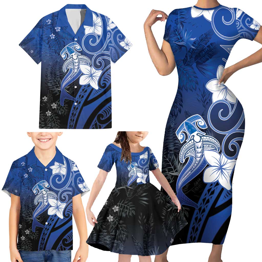 Polynesia Hammerhead Shark Family Matching Short Sleeve Bodycon Dress and Hawaiian Shirt Blue Tribal Pattern With Plumeria LT05 - Polynesian Pride