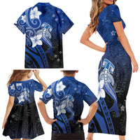 Polynesia Hammerhead Shark Family Matching Short Sleeve Bodycon Dress and Hawaiian Shirt Blue Tribal Pattern With Plumeria LT05 - Polynesian Pride