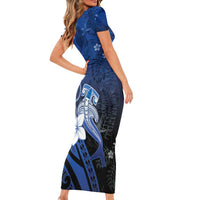 Polynesia Hammerhead Shark Family Matching Short Sleeve Bodycon Dress and Hawaiian Shirt Blue Tribal Pattern With Plumeria LT05 - Polynesian Pride