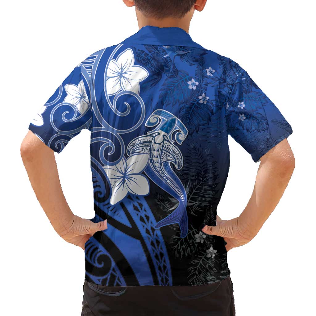 Polynesia Hammerhead Shark Family Matching Summer Maxi Dress and Hawaiian Shirt Blue Tribal Pattern With Plumeria - Polynesian Pride