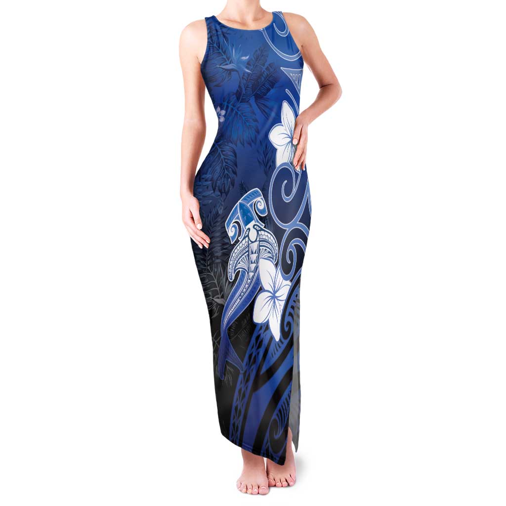 Polynesia Hammerhead Shark Family Matching Tank Maxi Dress and Hawaiian Shirt Blue Tribal Pattern With Plumeria - Polynesian Pride
