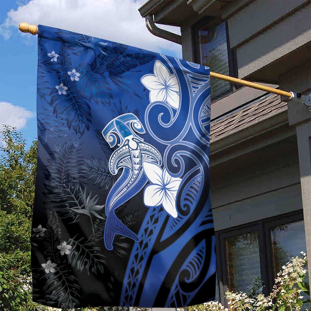 Polynesia Hammerhead Shark Garden Flag Blue Tribal Pattern With Plumeria - Polynesian Pride