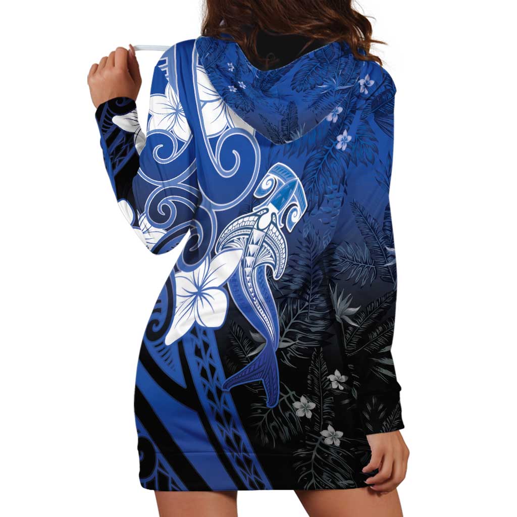 Polynesia Hammerhead Shark Hoodie Dress Blue Tribal Pattern With Plumeria - Polynesian Pride