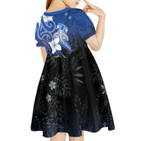 Polynesia Hammerhead Shark Kid Short Sleeve Dress Blue Tribal Pattern With Plumeria - Polynesian Pride