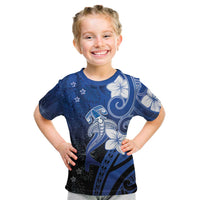 Polynesia Hammerhead Shark Kid T Shirt Blue Tribal Pattern With Plumeria - Polynesian Pride