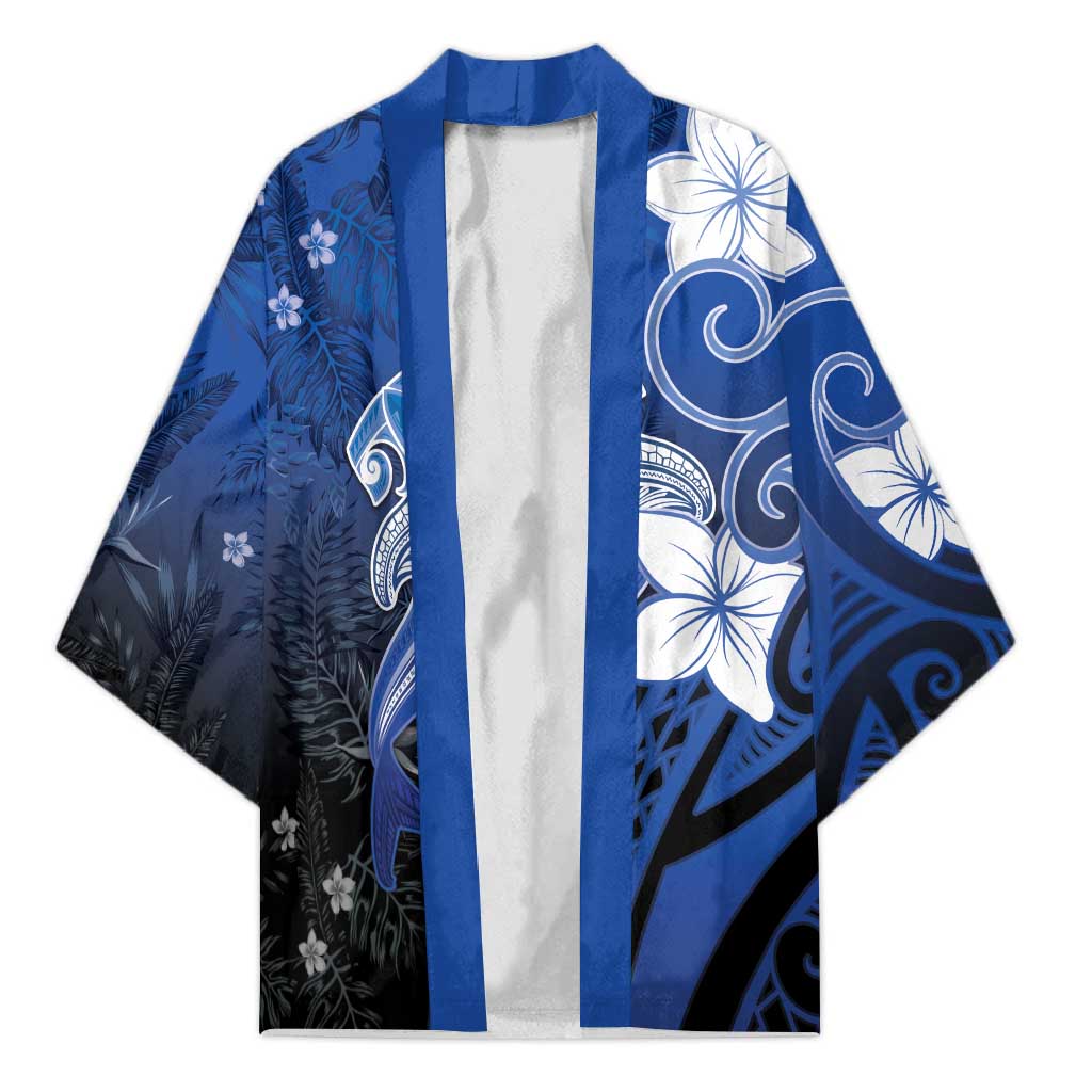 Polynesia Hammerhead Shark Kimono Blue Tribal Pattern With Plumeria - Polynesian Pride