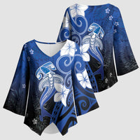 Polynesia Hammerhead Shark Kimono Sleeve Blouse Blue Tribal Pattern With Plumeria - Polynesian Pride