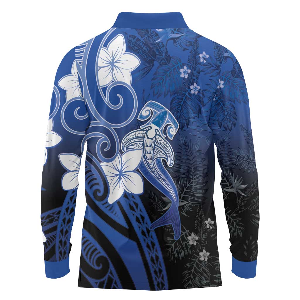 Polynesia Hammerhead Shark Long Sleeve Polo Shirt Blue Tribal Pattern With Plumeria - Polynesian Pride