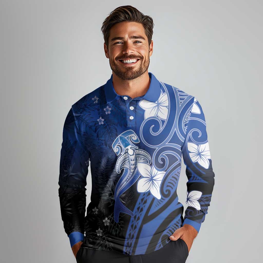 Polynesia Hammerhead Shark Long Sleeve Polo Shirt Blue Tribal Pattern With Plumeria - Polynesian Pride