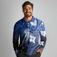 Polynesia Hammerhead Shark Long Sleeve Polo Shirt Blue Tribal Pattern With Plumeria - Polynesian Pride