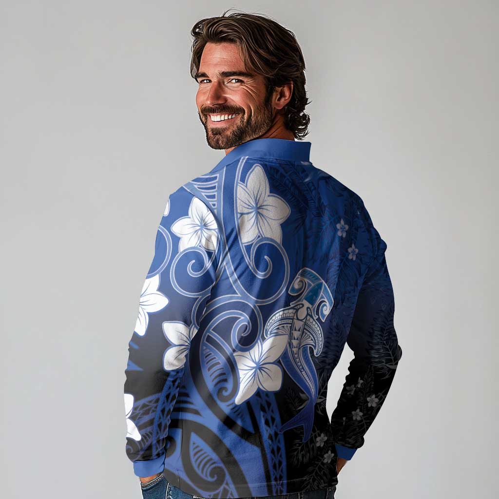 Polynesia Hammerhead Shark Long Sleeve Polo Shirt Blue Tribal Pattern With Plumeria - Polynesian Pride