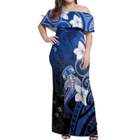 Polynesia Hammerhead Shark Off Shoulder Maxi Dress Blue Tribal Pattern With Plumeria - Polynesian Pride