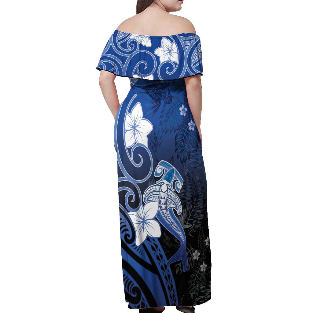Polynesia Hammerhead Shark Off Shoulder Maxi Dress Blue Tribal Pattern With Plumeria - Polynesian Pride