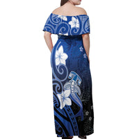 Polynesia Hammerhead Shark Off Shoulder Maxi Dress Blue Tribal Pattern With Plumeria - Polynesian Pride