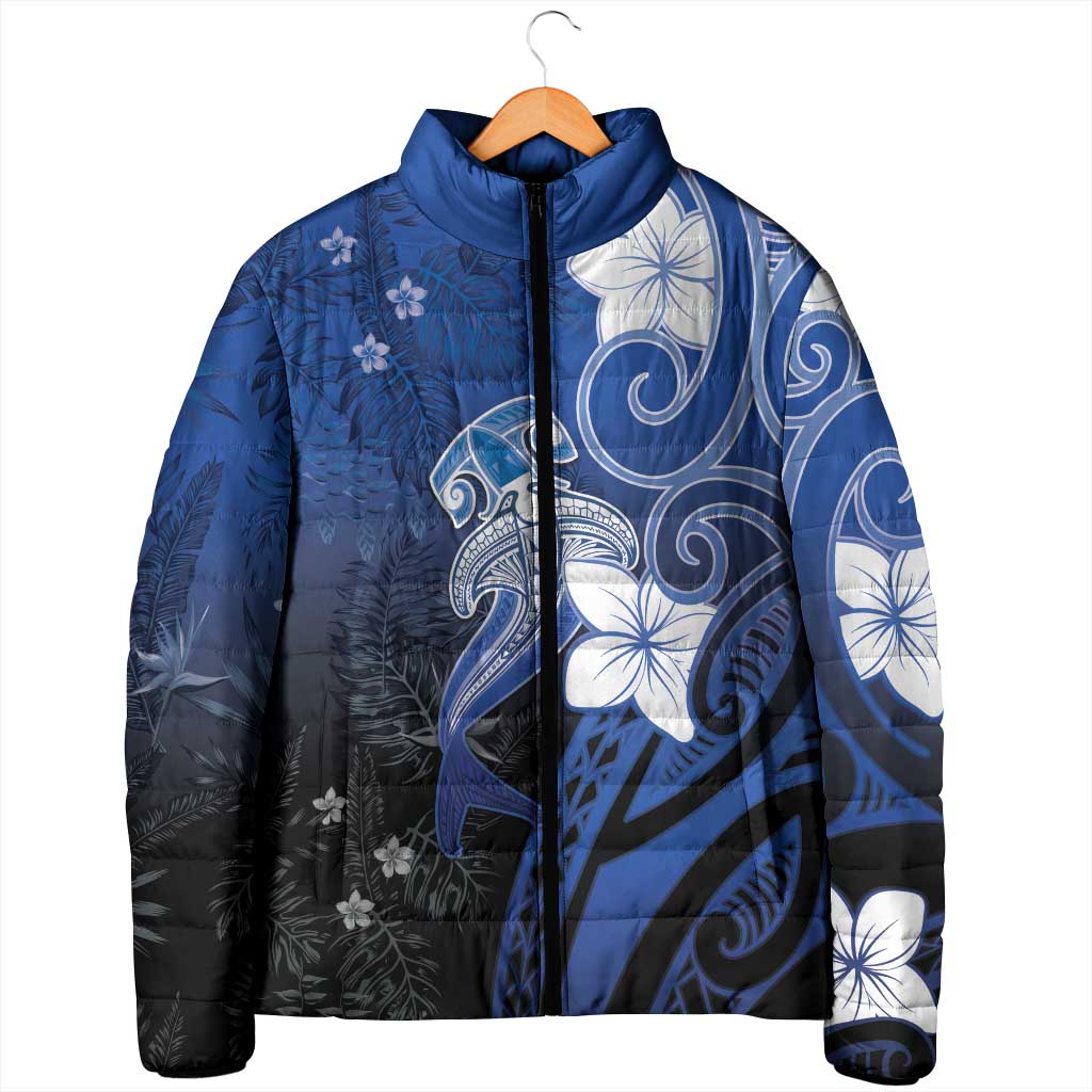 Polynesia Hammerhead Shark Padded Jacket Blue Tribal Pattern With Plumeria - Polynesian Pride