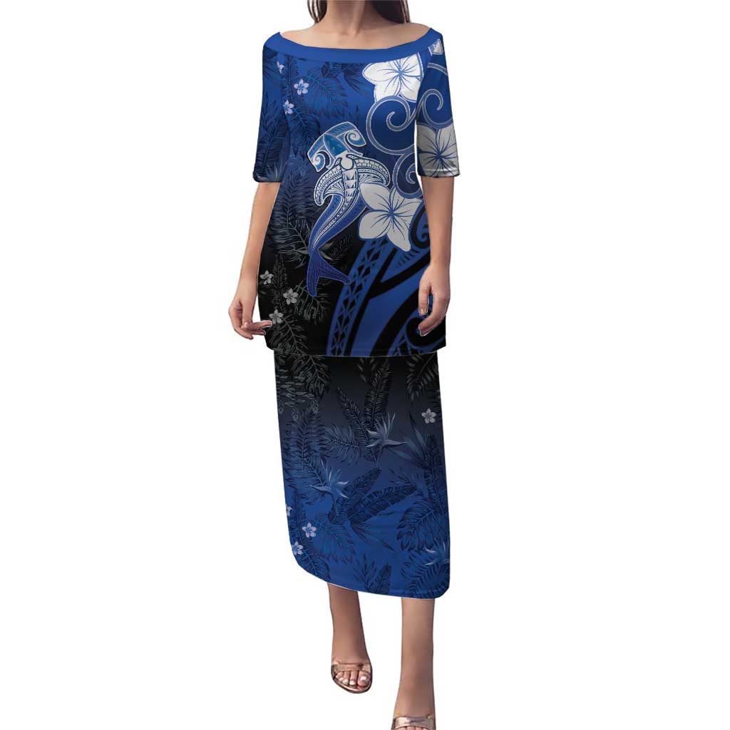 Polynesia Hammerhead Shark Puletasi Blue Tribal Pattern With Plumeria - Polynesian Pride