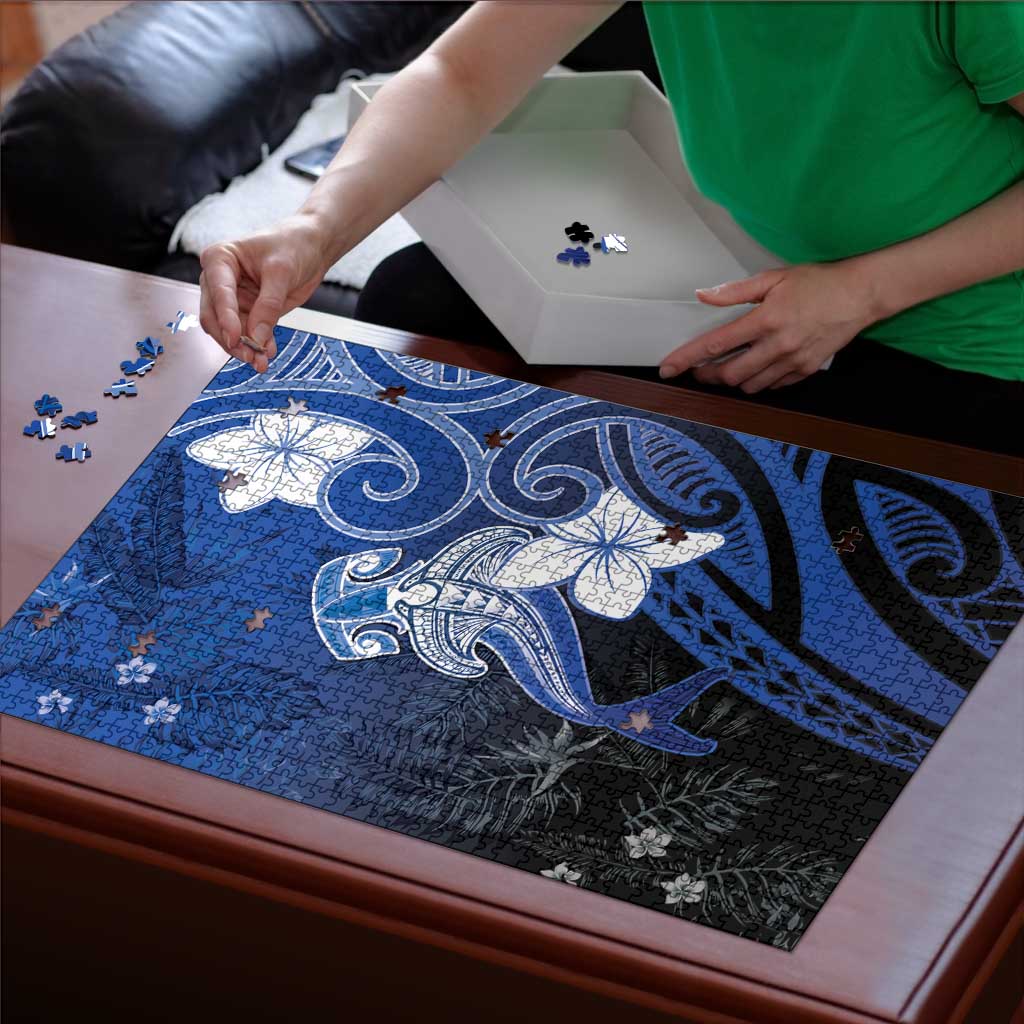 Polynesia Hammerhead Shark Puzzle Blue Tribal Pattern With Plumeria - Polynesian Pride
