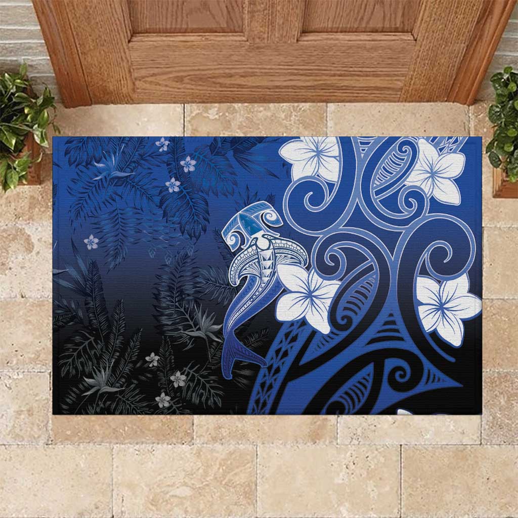 Polynesia Hammerhead Shark Rubber Doormat Blue Tribal Pattern With Plumeria - Polynesian Pride