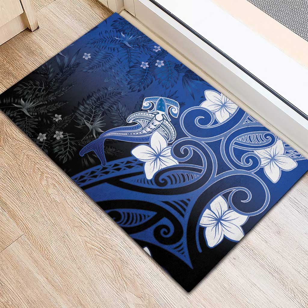 Polynesia Hammerhead Shark Rubber Doormat Blue Tribal Pattern With Plumeria - Polynesian Pride