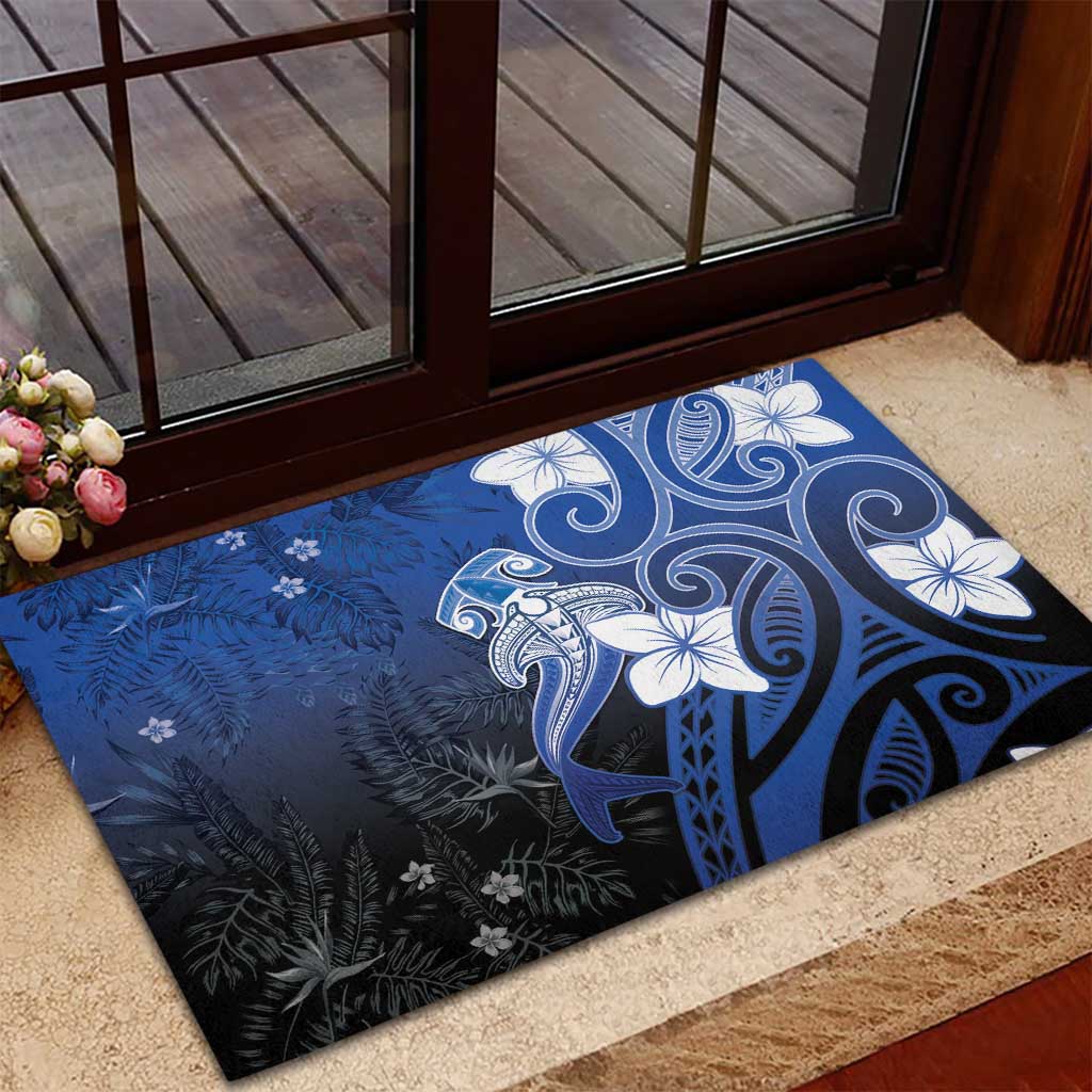 Polynesia Hammerhead Shark Rubber Doormat Blue Tribal Pattern With Plumeria - Polynesian Pride