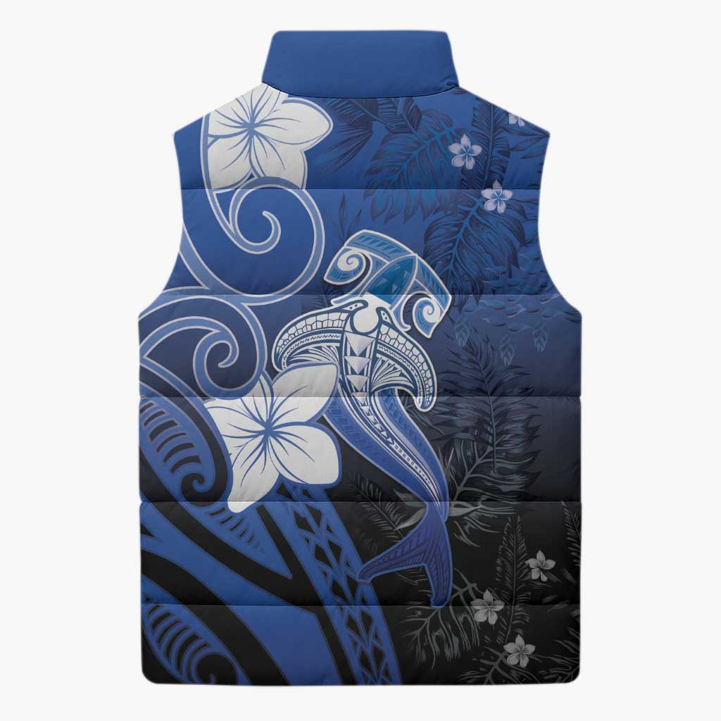 Polynesia Hammerhead Shark Sleeveless Puffer Jacket Blue Tribal Pattern With Plumeria - Polynesian Pride