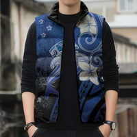 Polynesia Hammerhead Shark Sleeveless Puffer Jacket Blue Tribal Pattern With Plumeria - Polynesian Pride