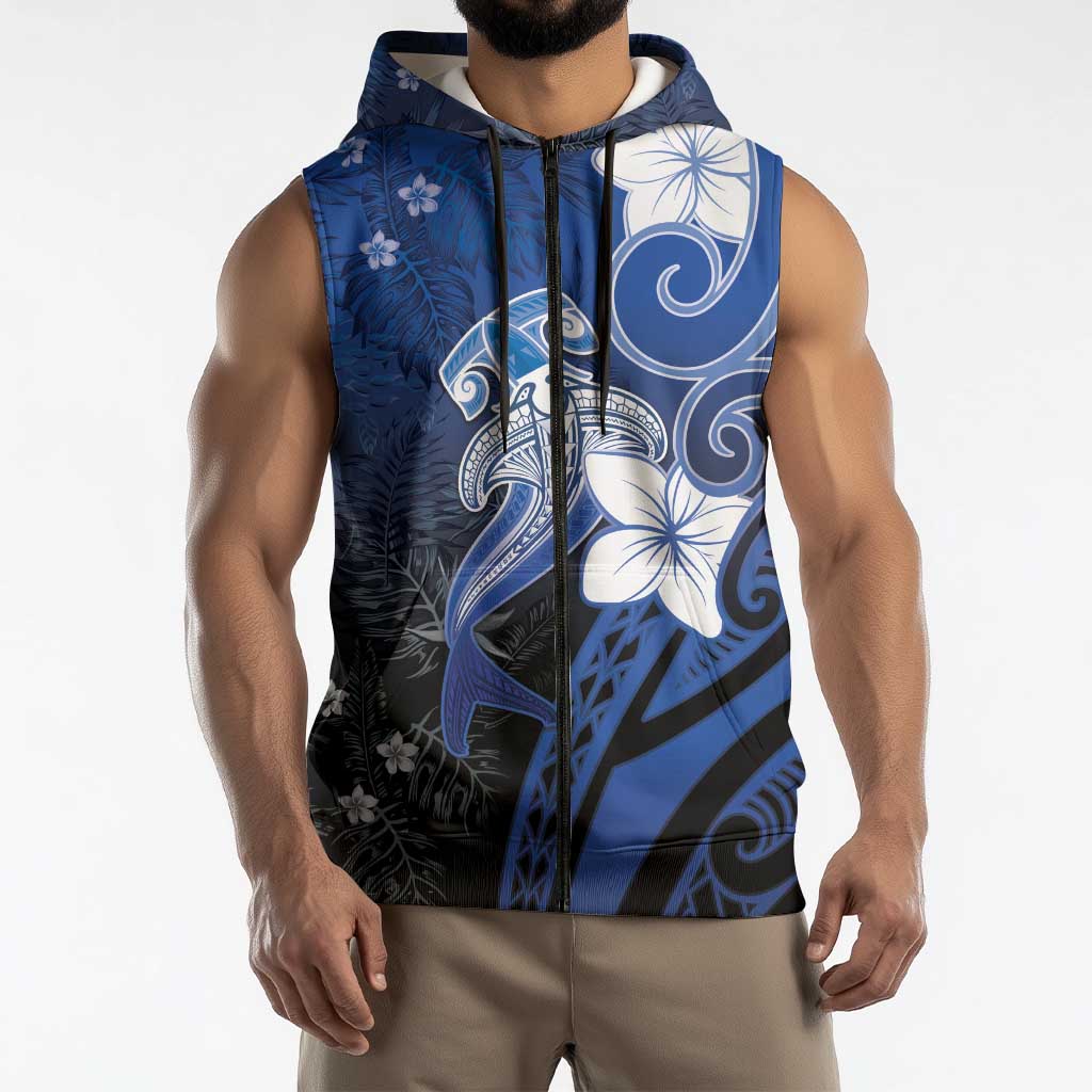 Polynesia Hammerhead Shark Sleeveless Zip Hoodie Blue Tribal Pattern With Plumeria - Polynesian Pride