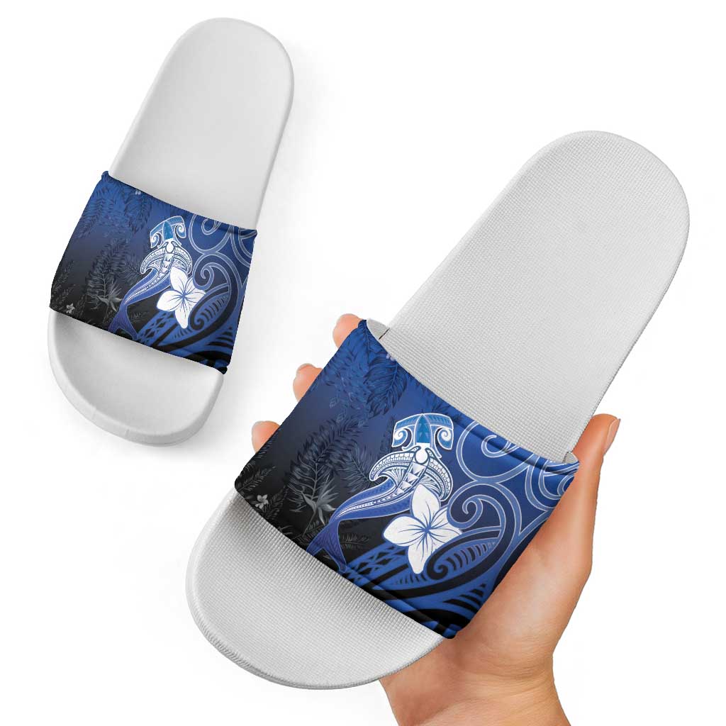 Polynesia Hammerhead Shark Slide Sandals Blue Tribal Pattern With Plumeria - Polynesian Pride